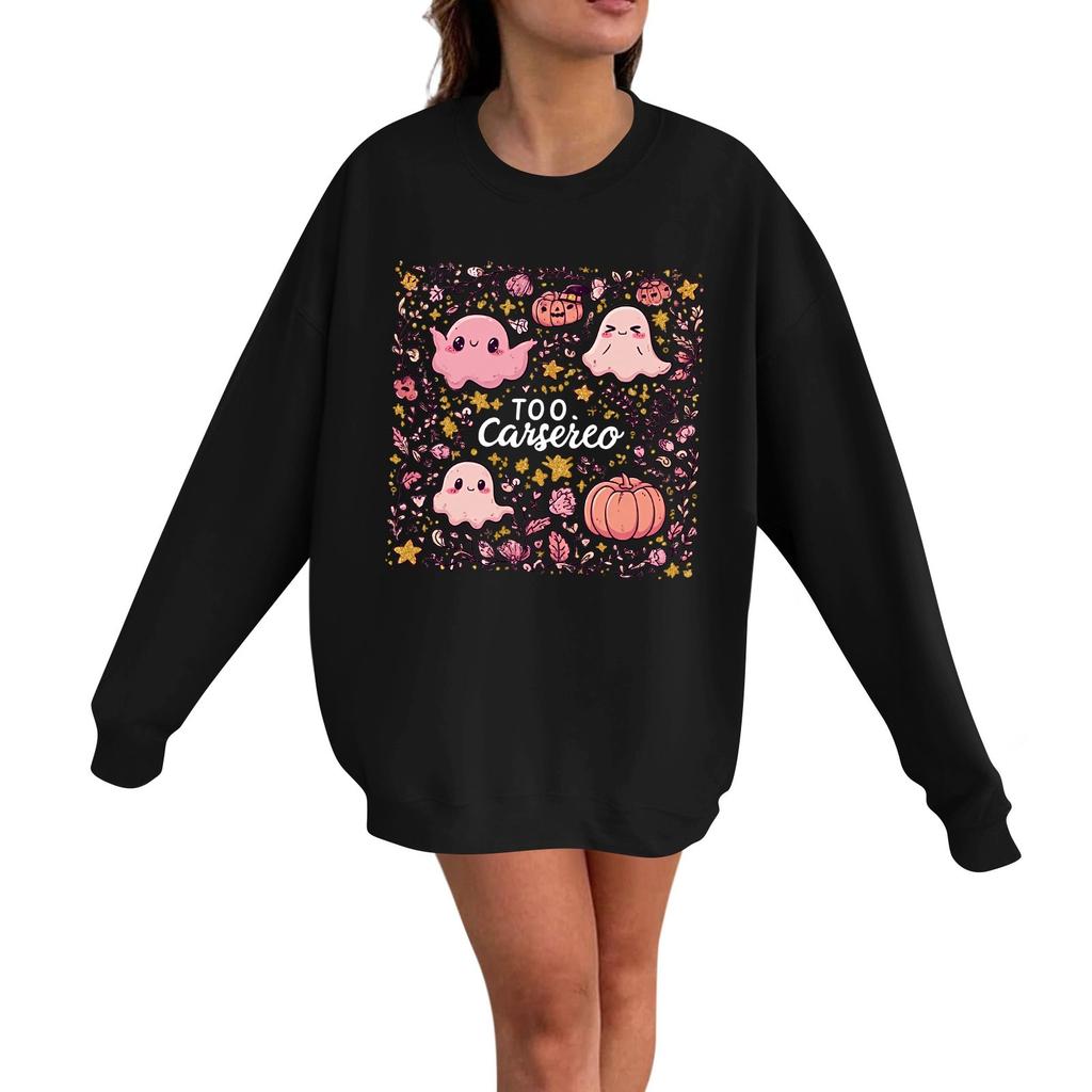 Women's Casual Fashion Long Sleeve Halloween Print Pullover Round Neck Sweatshirt