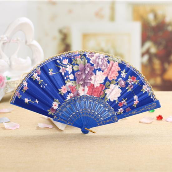 Kinesisk stil Folding Fan Hot Stamping Silke Stoff Håndholdt Fan med gullkanten blomstermønstre