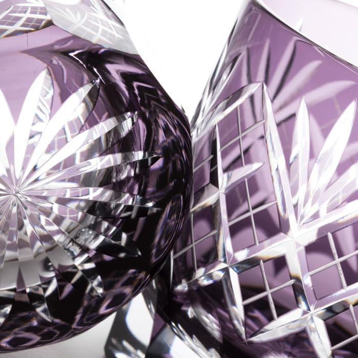 Glass Studio Saiho Edo Kiriko Shochu GlassRocks Glass, Old Purple, with Sword and Arrow Design, Made in Japan, Wooden Box, Gift Wrapping Available
