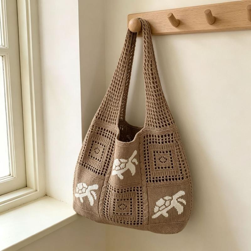 Crochet Beach Tote Bag Hollow Out Ocean Pattern Breathable Reusable Shoulder Bag for Vacation Shopping Daily Commute