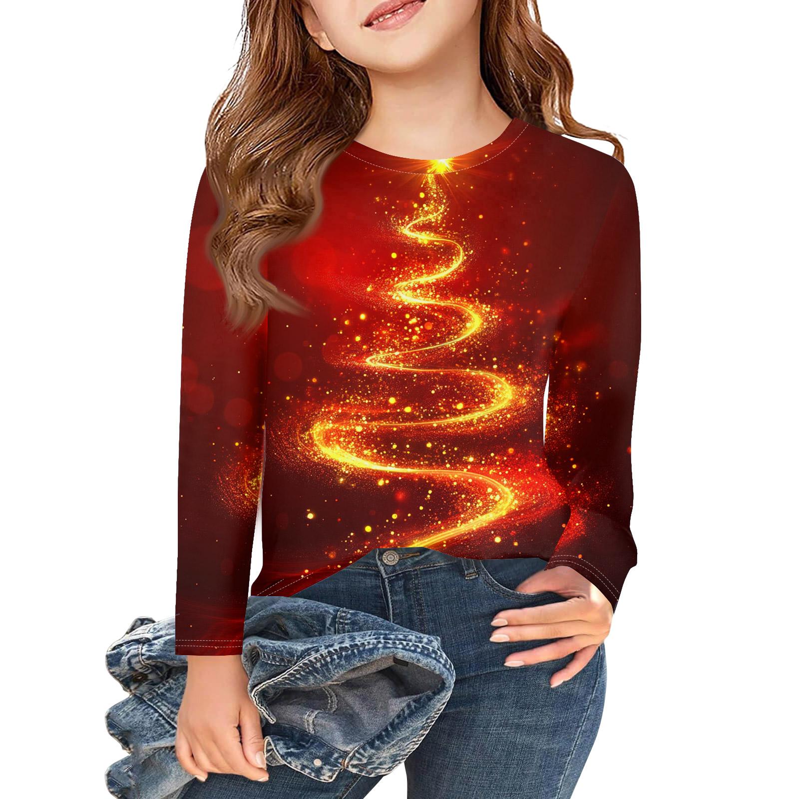 

Рождественские футболки с длинным рукавом для девочек, детские осенние топы с круглым вырезом и принтом, базовые футболки 160