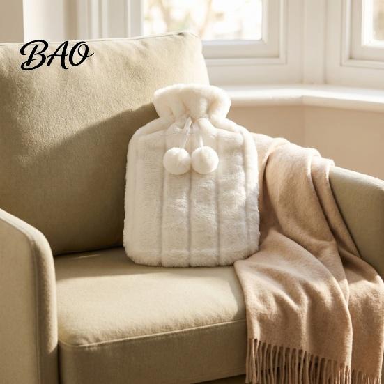 Hot Water Bag with Drawstring 2L Bottle Plush Cover, Pompom Lightweight Bag, Winter Warm for Hands, Feet, Stomach