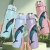 1PC Dolphin Leaping Ocean Animal Print 750ml Color Plastic Sports Water Bottle Leakproof Flip Straw Lid Suitable for Sports Office Home Use