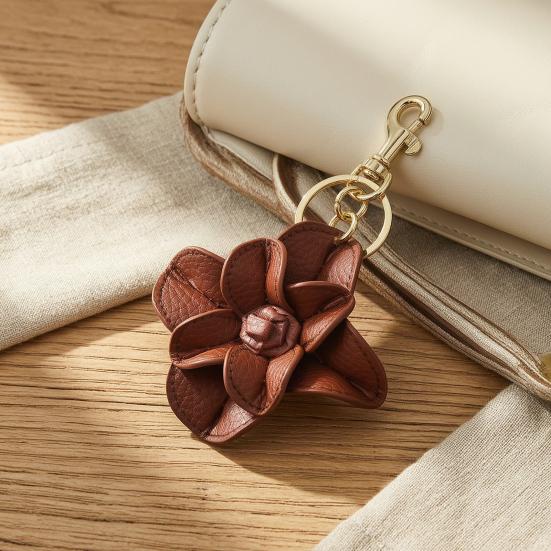 Schlüsselanhänger Anhänger Handgenäht Kunstleder Kamelienblüte Design Schlüsselkette mit Metall Karabinerhaken Leichtes Tasche Anhänger Zubehör