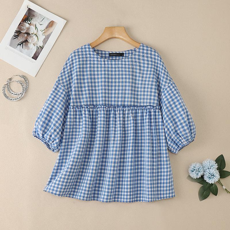 ZANZEA Women Casual Round Neck Half Sleeve Loose Plaid Print Blouse