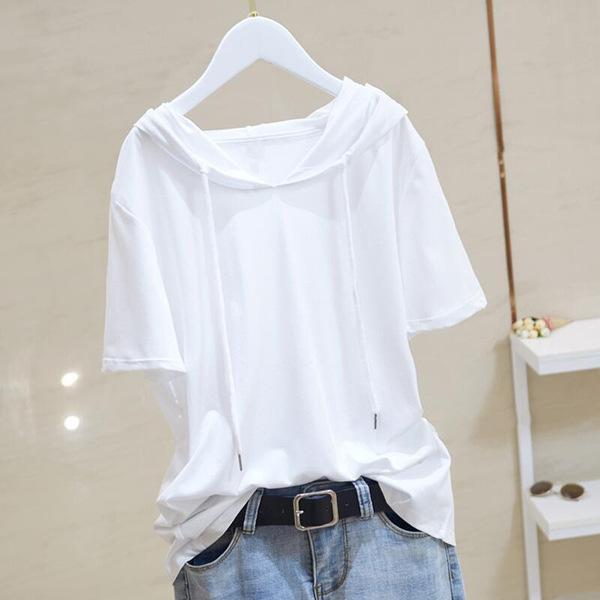 Womens Summer Latest Japanese and Korean Trendy One Tone Short-sleeved Large Version Hoodie Simple Slim Base Top for Women