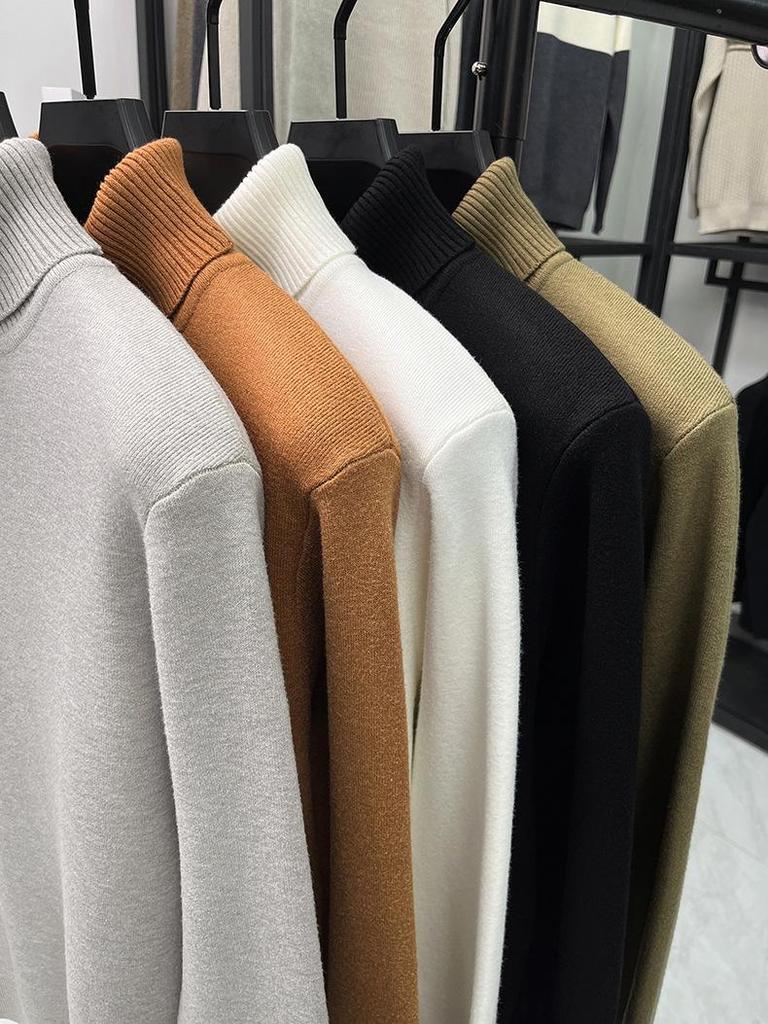 Men's Fashionable Thick Knit Pullover with Double-Fold High Neck, Fleece-Lined for Warmth, Solid Color, Perfect for Middle-Aged and Young Adults.