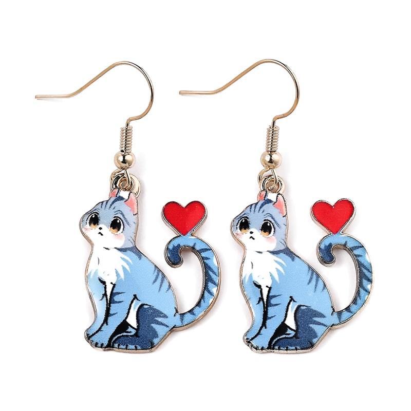 

Fashion Cartoon Oil-dripping Printed Animal Cat Heart-shaped Dangle Earrings for Women Cute Kitten Jewelry Accessories Gifts