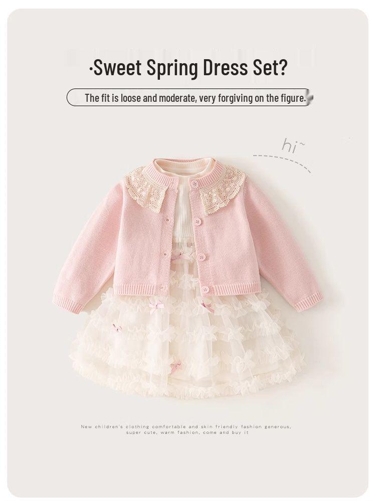Girls' Spring & Autumn Cardigan Princess Dress Set 2025 - Sweet Two-Piece Outfit for Kids