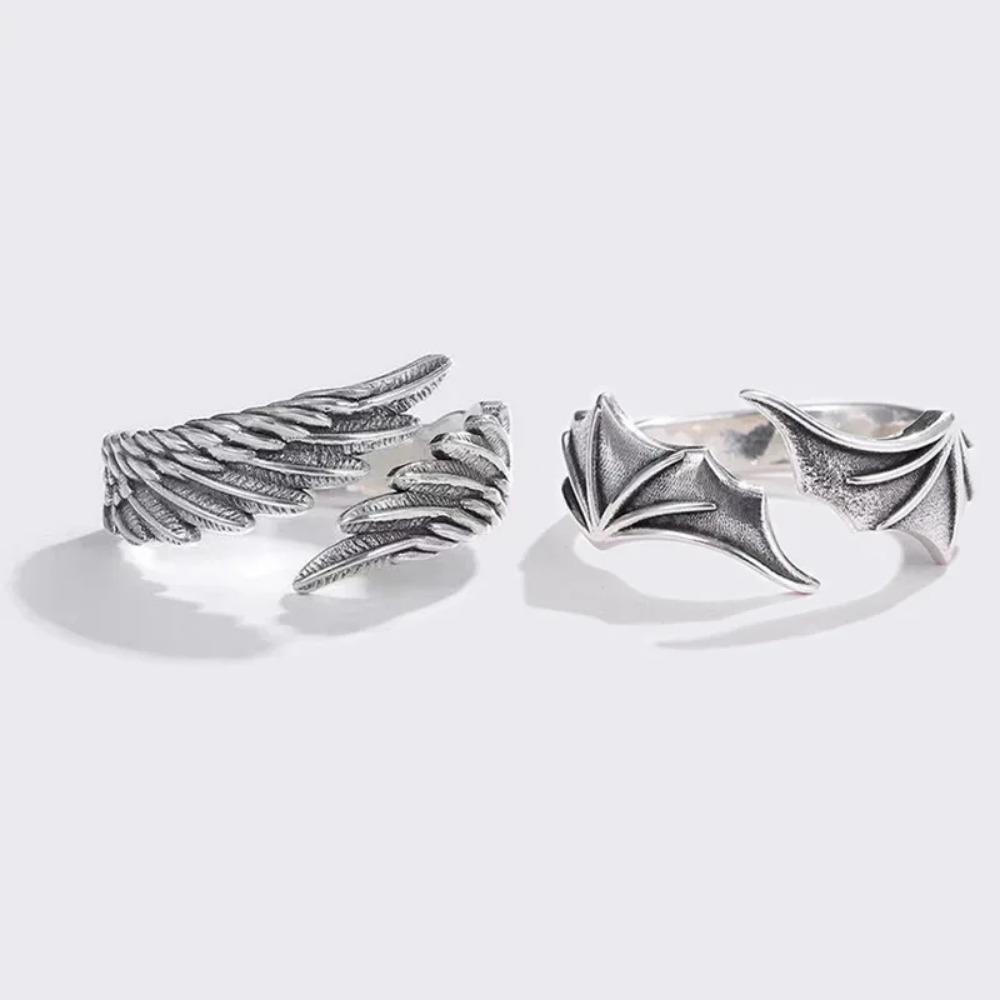 Retro Goth Black Color Angel Demon Wing Rings for Men Women Personality Adjustable Stainless Steel Couple Rings Punk Jewelry