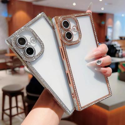 Capa transparente com moldura de diamante para iPhone 16 Pro Max, 15 Plus, 14 e 13 Pro, proteção de lente de silicone macio e à prova de choque