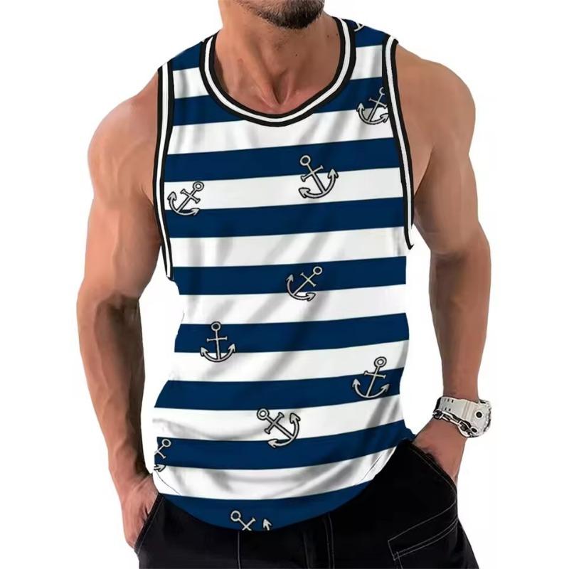 Pánská retro pruhovaná grafická tílka Módní letní bez rukávů Ležérní 3D tištěná vesta Volná Rychleschnoucí Prodyšná trička Pulovry