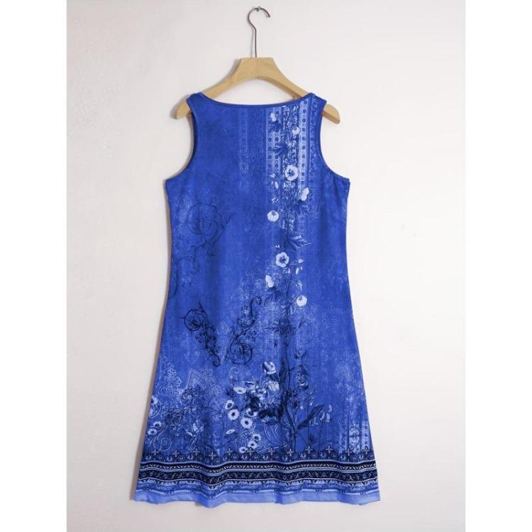Women Casual Midi Dress Notched Neck Floral Print Sleeveless Clothing