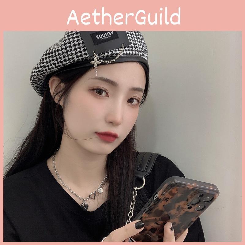Stylish Houndstooth Japanese Beret Hat For Women With Unique Metal Patch