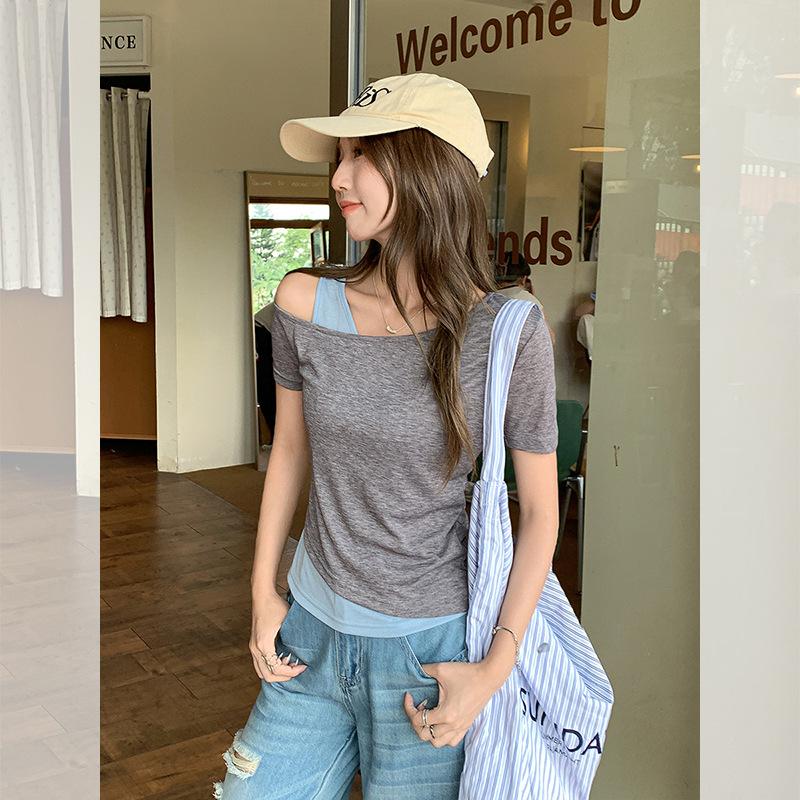 Chic design fake two-piece diagonal collar off-shoulder short-sleeved T-shirt women's summer new thin pure desire chic top