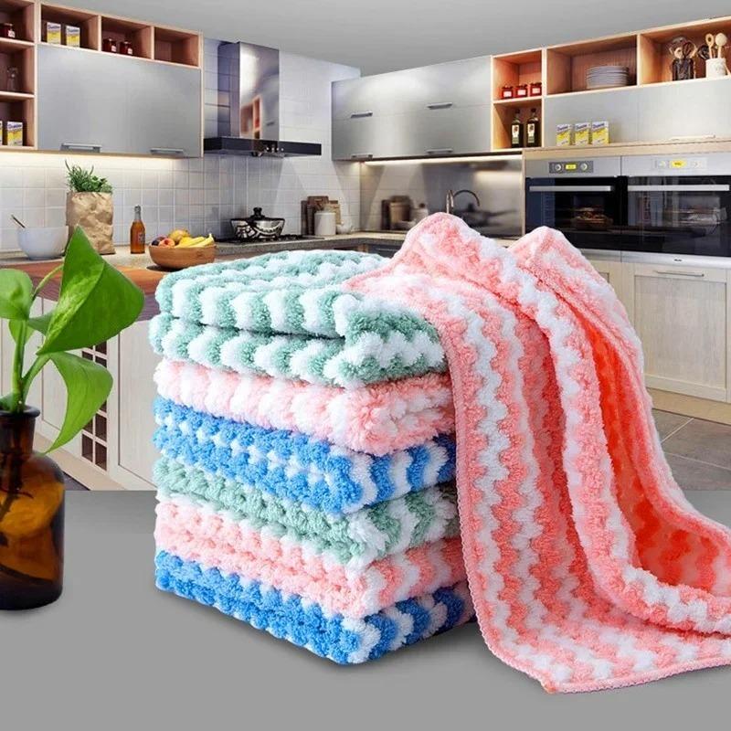 New Thickened Coral Fleece Cloth Wave Striped Cleaning Cloth Home Kitchen Cleaning Supplies Absorbent Cloths Dishwashing Cloths
