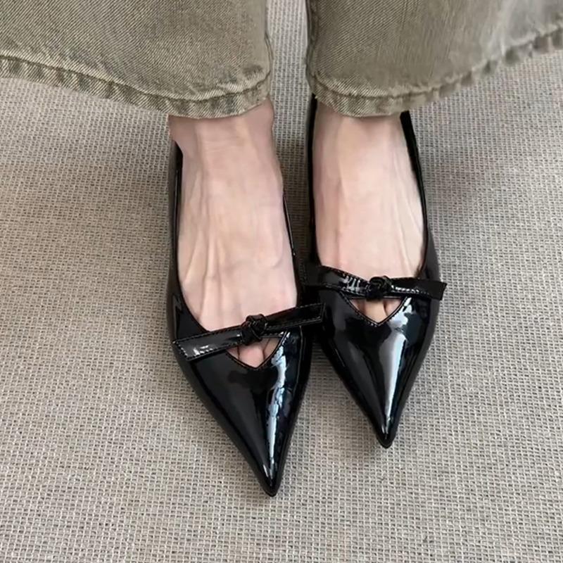 Sheepskin temperament inner height increase hollow shallow mouth single shoes women's one pedal pointed shoes bow Mary Jane shoes