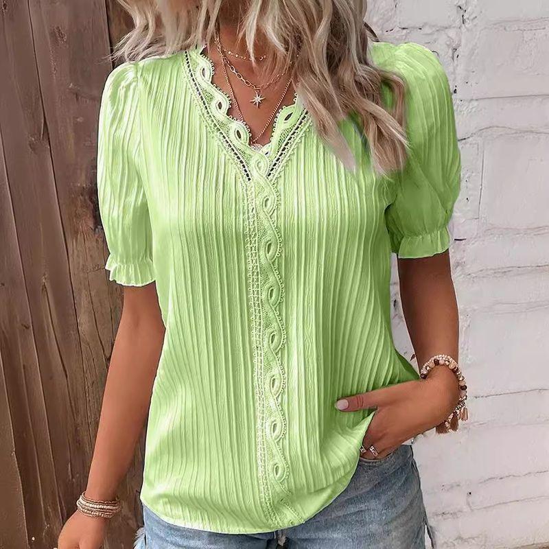 Summer New Vacation Fashion Hollow out Short sleeve European and American Women clothes V-neck Shirt Women's V-neck Shirt