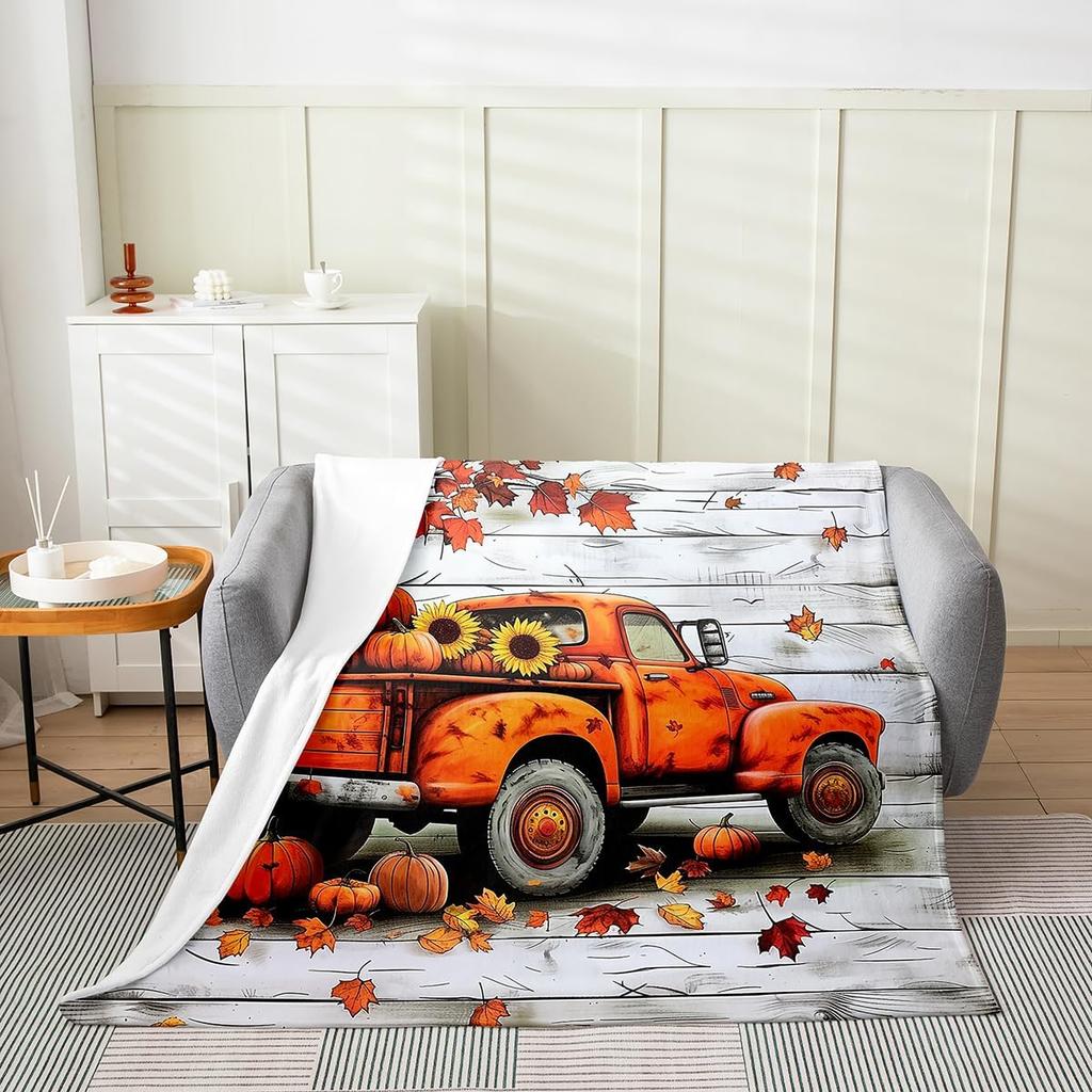 GUOYU Blanket Fall Pumpkin Harvest Fleece Flannel BlanketRustic Maple Autumn Leaves Bed Plush Blanket for Rustic Home DecorHarvest Patchwork