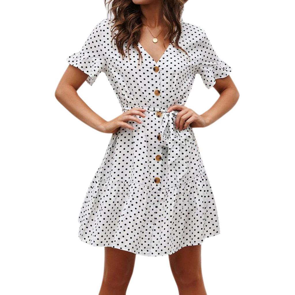 Short Polka Dot Dresses for Women V Neck Ruffles Button-Down Mini Summer Dress