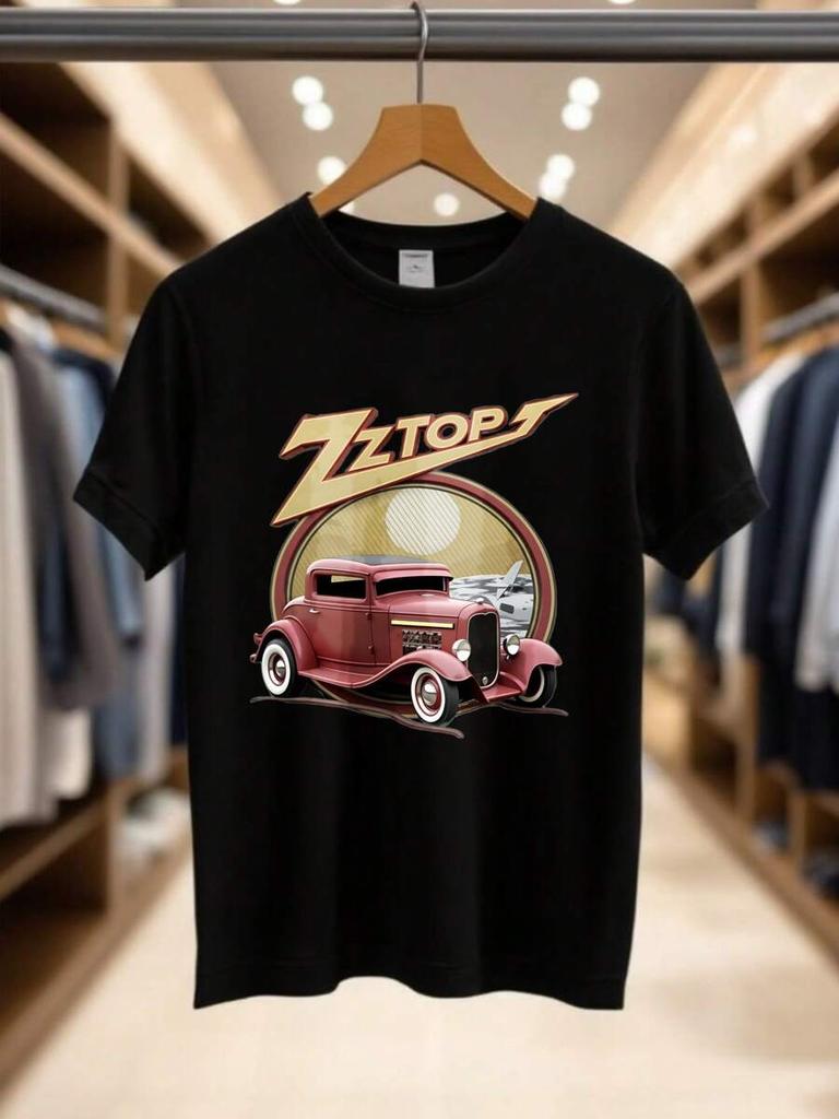 Unisex's Print T-Shirt - Zztops Red Classic Car Sunset Background Casual Round Neck Short Sleeve Tee For Urban Streetwear,