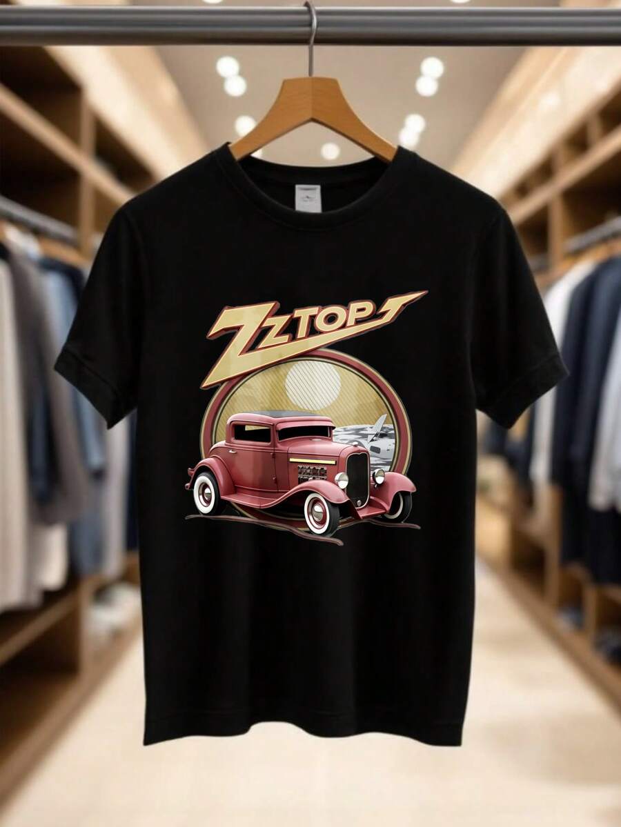 

Unisex s Print T-Shirt - Zztops Red Classic Car Sunset Background Casual Round Neck Short Sleeve Tee For Urban Streetwear, M