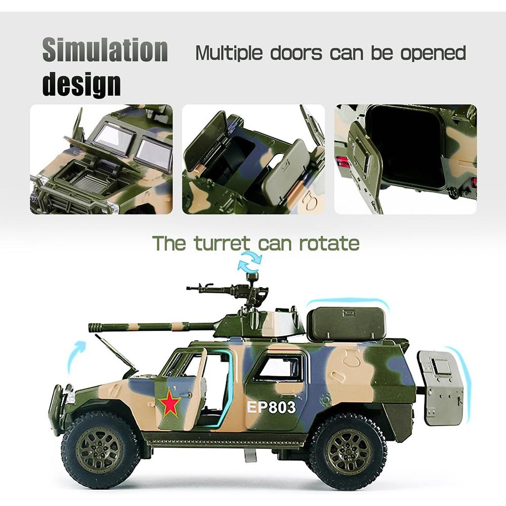 Camion de jucărie militar la scară 1/50 Tanc de luptă blindat pentru armata Vehicul de teren Trage jucării armate înapoi cu lumină și sunet