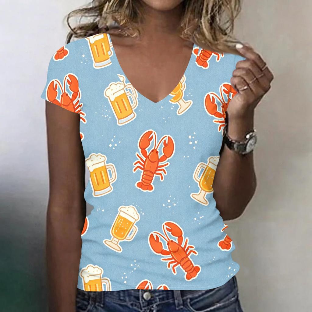 Women's Casual V Neck T Shirt Lobster and Beer Print Short Sleeve Lightweight Summer Top for Everyday Wear