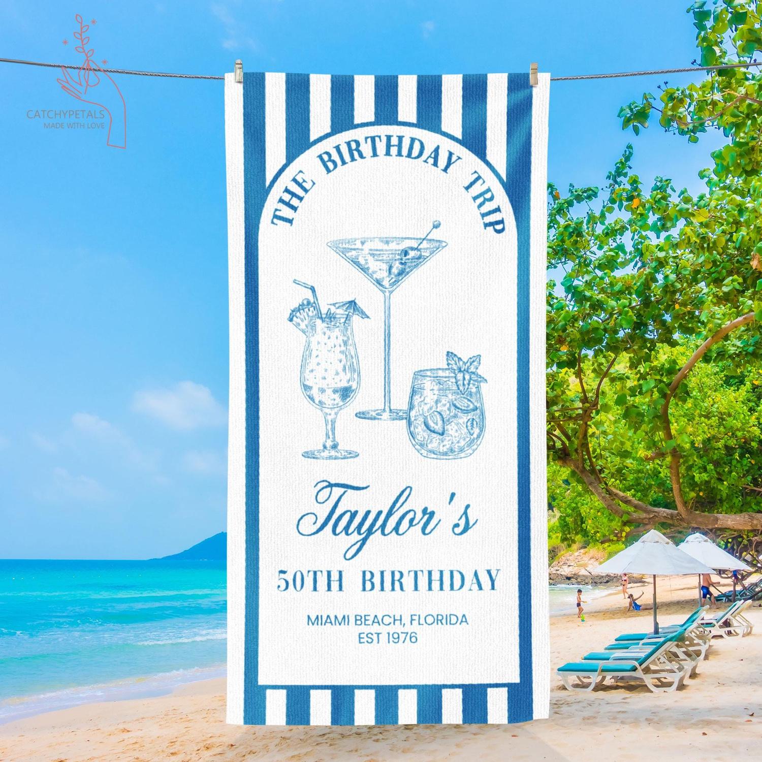 Birthday Trip Striped Beach Towel, Tropical Cocktail Palm Tree Summer Beach Towel for 50th Birthday W40*H60(CM)