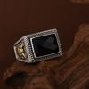 Silver Fried Dough Twists Black Stone Ring Opening Antique Jewelry for Men and Women