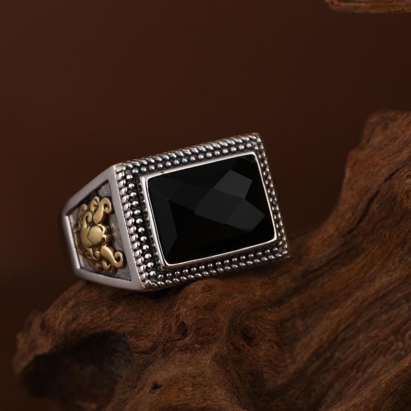 Silver Fried Dough Twists Black Stone Ring Opening Antique Jewelry for Men and Women