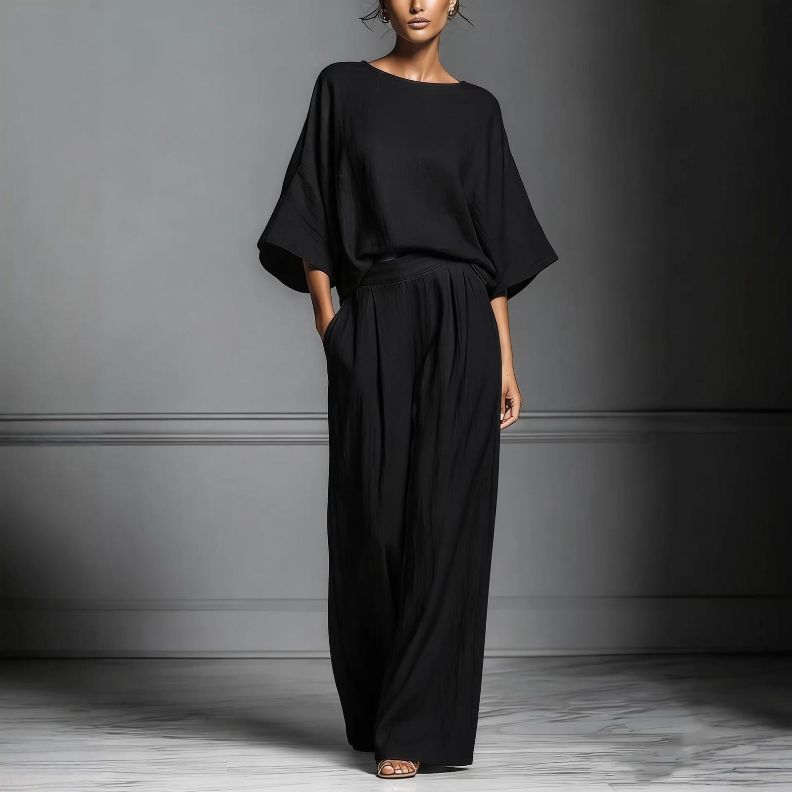 Women s Loose-fitting, Stylish, And Elegant Flared-Sleeve Linen Suit L чёрный