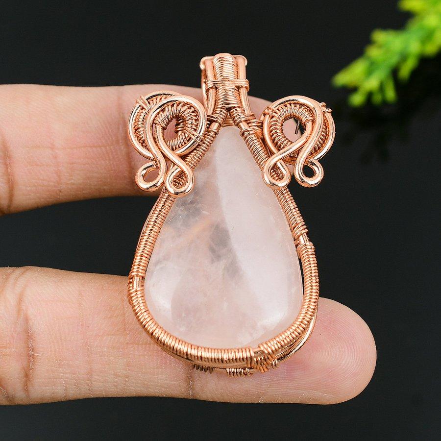 Natürlicher Rosenquarz Edelstein Handarbeit Kupferdraht Wickel Geschenk Anhänger 2.17 E7O93
