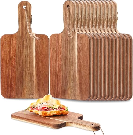 Acacia Wood Cutting Boards Set of 16, Kitchen Chopping Boards with Handles, Serving Trays for Pizza, Bread, and Charcuterie