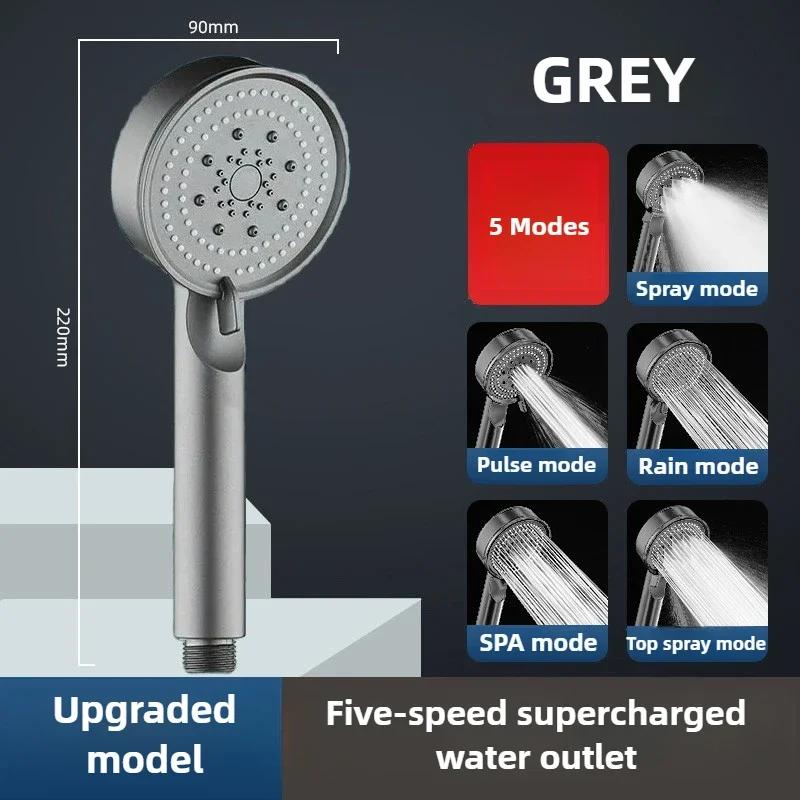 Black 5 Modes Shower Head Adjustable High Pressure Water Saving Shower Head Water Massage Shower Head Bathroom Accessories