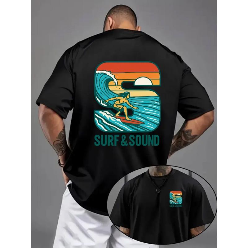 T-shirt Uomo Tendenza Moda, Stampa Fronte-Retro Surfing e Suono, Adatta per Casa, Tempo Libero Quotidiano e Sport Fitness all'Aperto