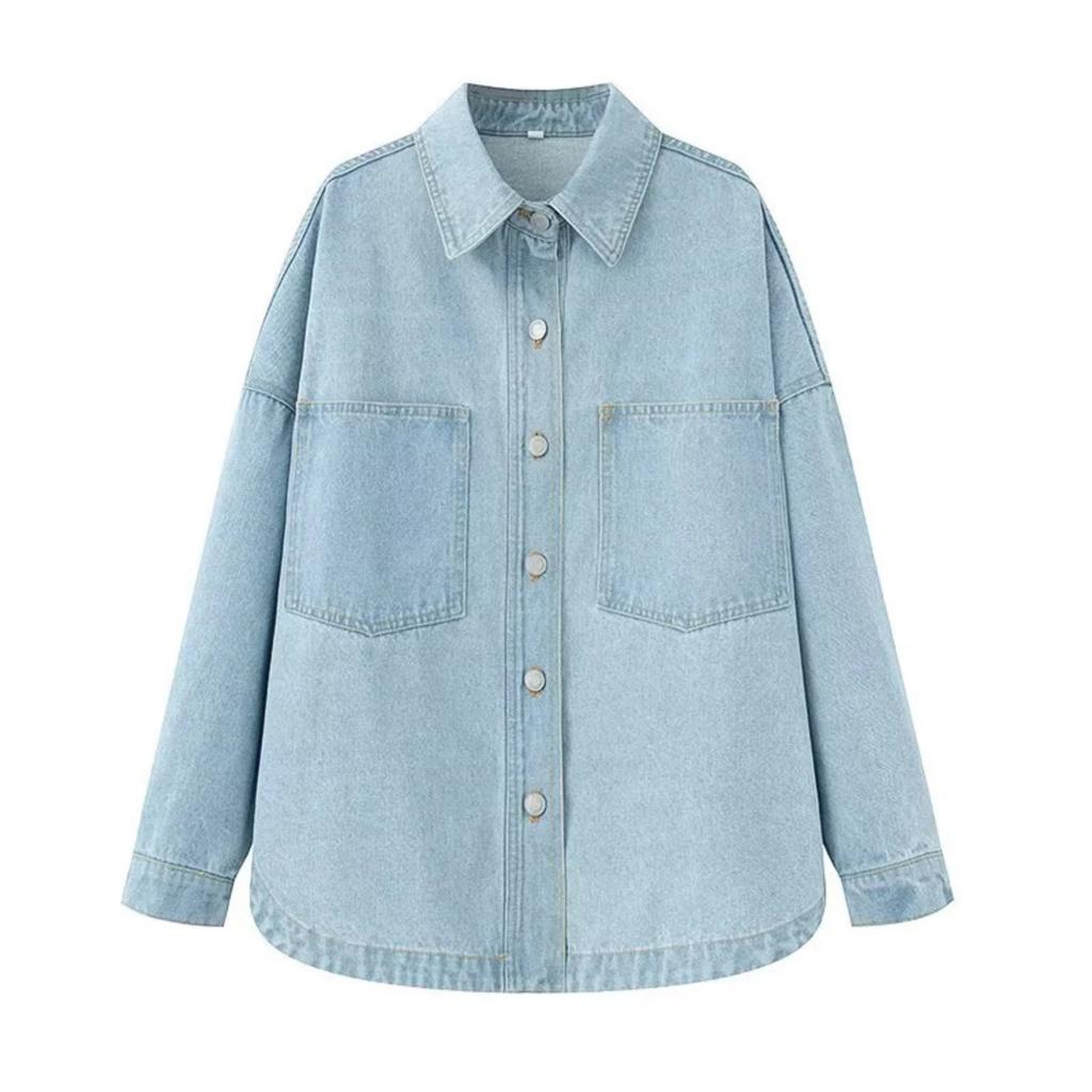 Women's Fashion Retro Loose Casual Large Pocket Denim Shirt Jacket