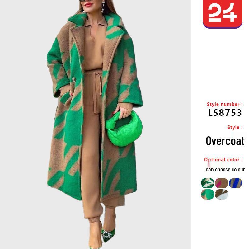 2025 European & American Autumn Women's Long-Sleeve Printed Woolen Coat with Colorful Lapel