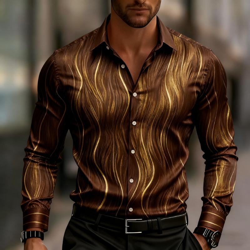 Men's Long-sleeved Geometric Print Shirt, Stylish Button-down Shirt, Modern Wave and Stripe Pattern for Everyday Wear.