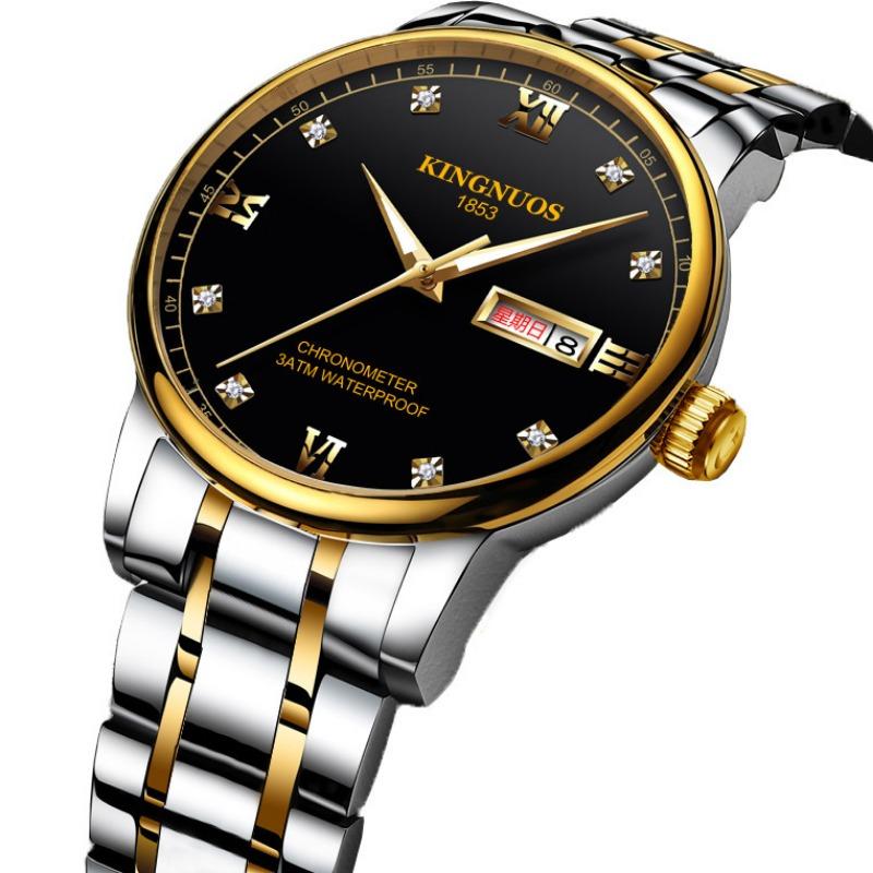 Top Brand New Fashionable Men's Steel Band Double Calendar Watch Diamond-encrusted Waterproof Luminous Roman Numerals Student Large Dial Watch