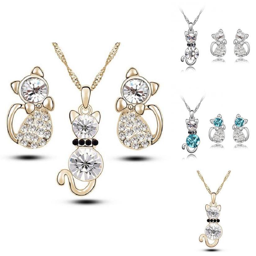 Cat 3pcs Crystal Shaped Necklace Earrings Jewelry Set Gift Teen Girls For Women