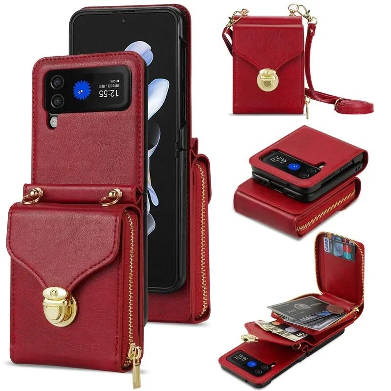 

Lanyard Leather Zipper Wallet Card Slot Phone Case for Samsung Galaxy Z Flip 6 5 4 3 Lanyard Purse Bag Flip Stand Cover Back Bag Samsung Z Flip 3