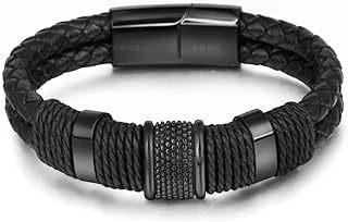 Leather rope bracelet cowhide men's double-layer stainless steel leather woven bracelet handmade multi-layer bracelet