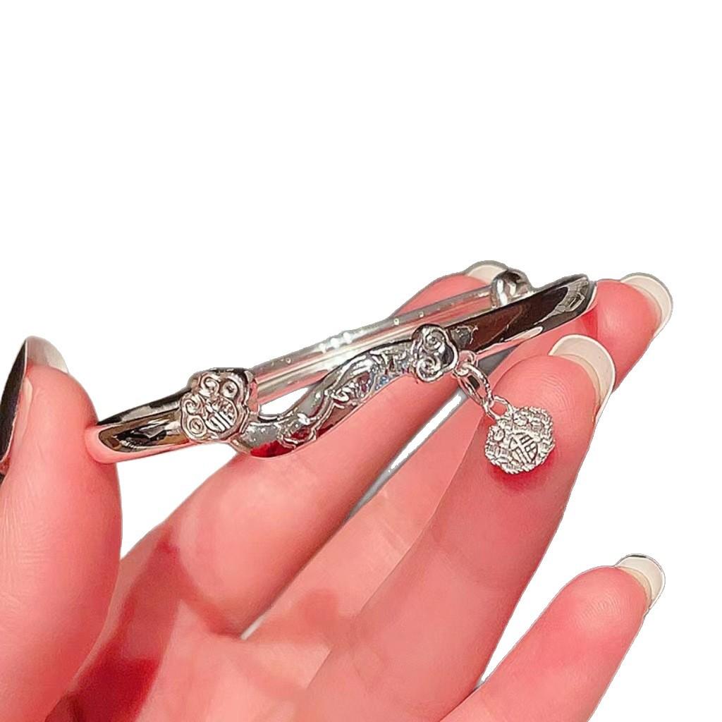Silver 925 Ruyi Buddha Hand Lotus Flower Bracelet for Women Fashion Chinese Style Fu Character Pullable Bangles Wedding Jewelry