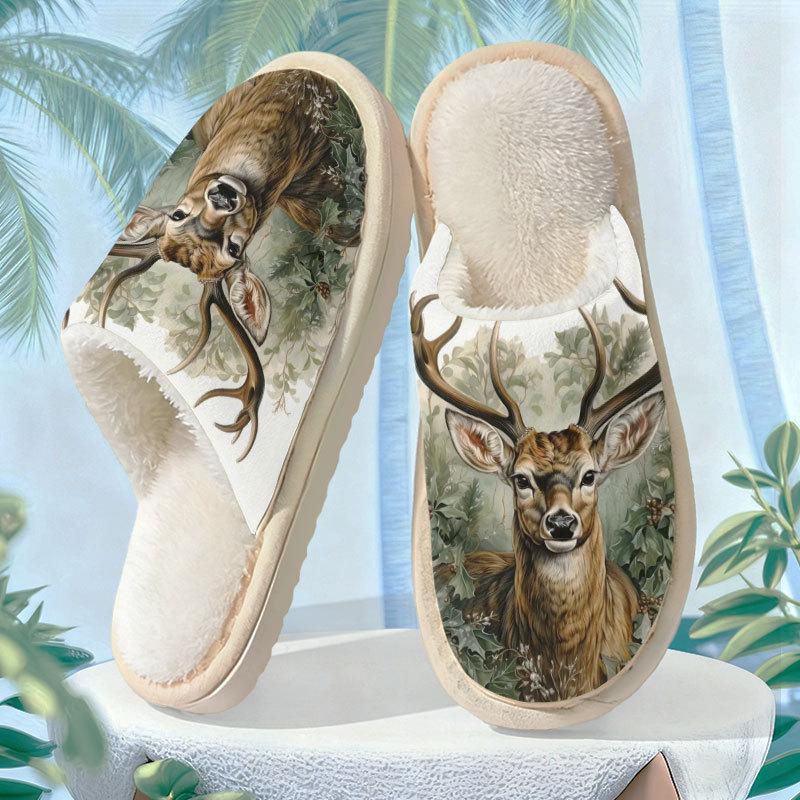 Forest Deer Pattern Cotton Slippers for Men and Women - Autumn/Winter Collection