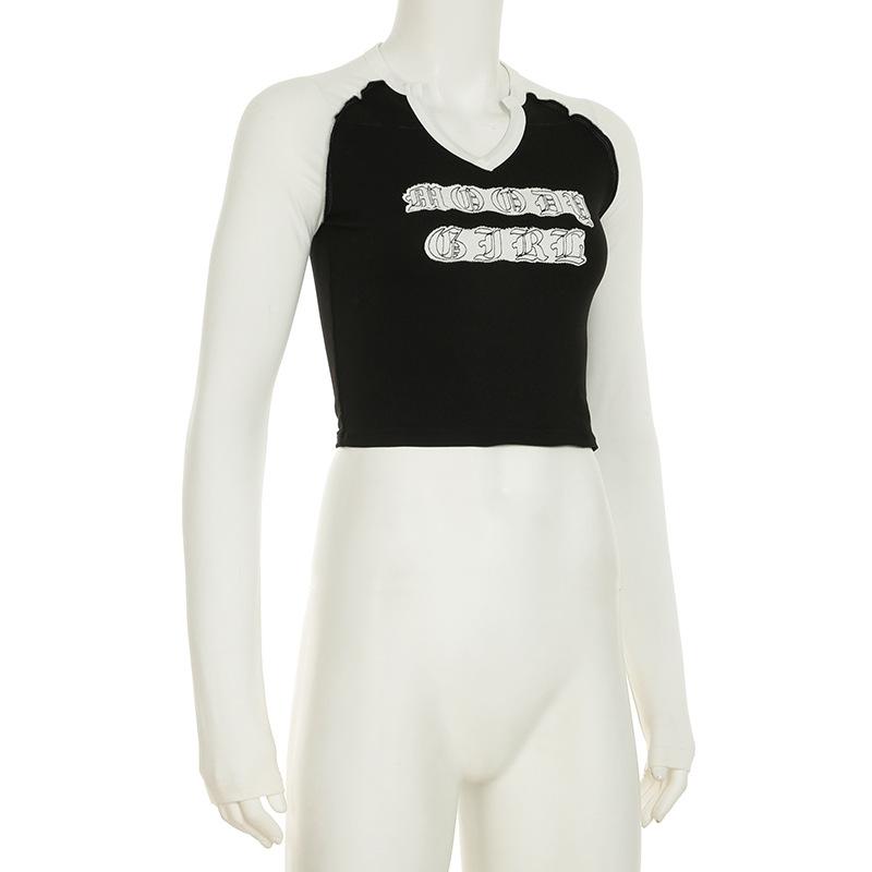 Women's Letter Print V Neck Color Contrast Fashion Spice Slim Slim Casual Long Sleeved Short Top