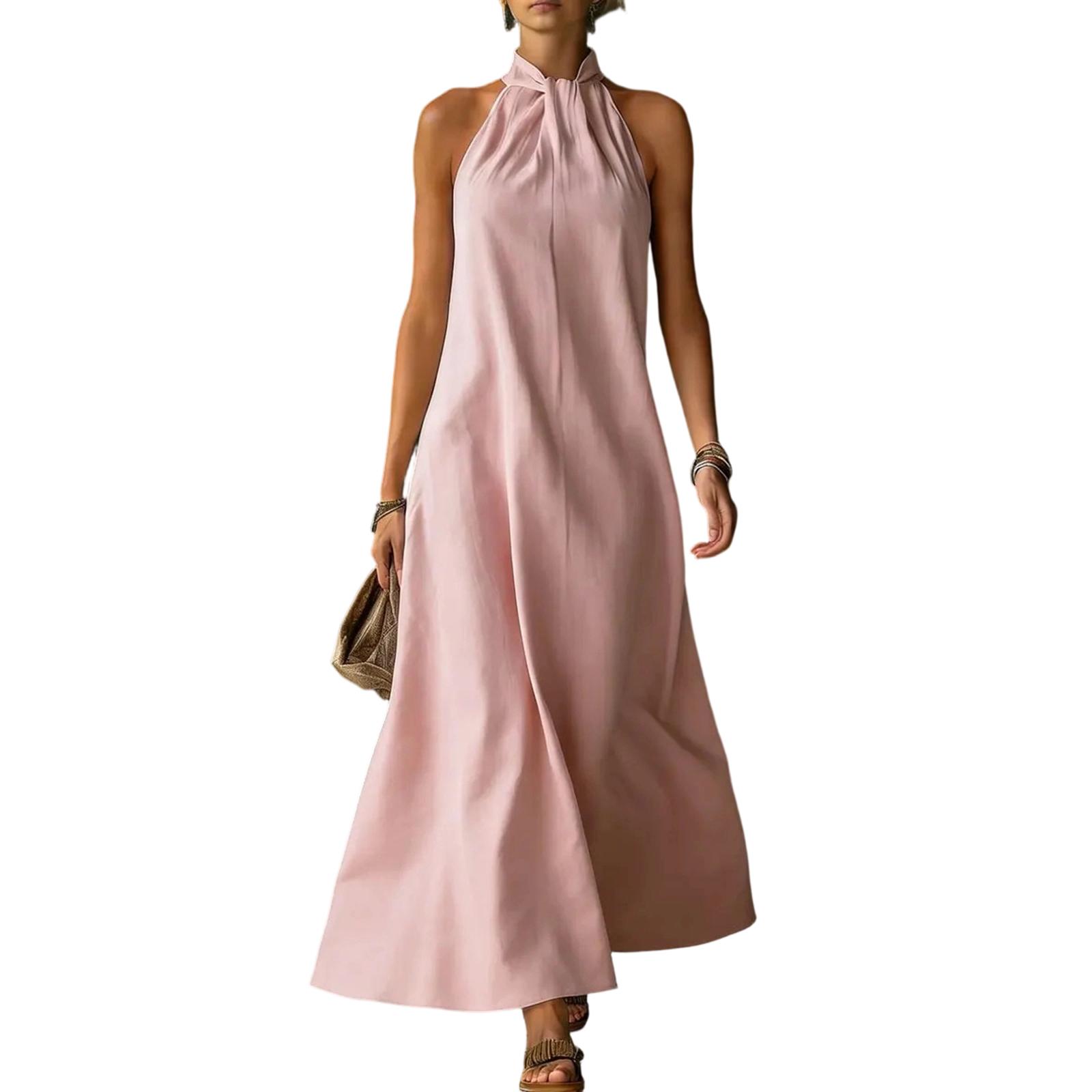

Women Summer Beach Casual Off Shoulder Sleeveless Cross Style Maxi Dress Lightweight Loose Fit Long Dress for Outdoor L розовый
