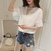 Casual Women Solid Color V Neck Short Sleeve Lace Loose Chiffon T-shirt Blouse