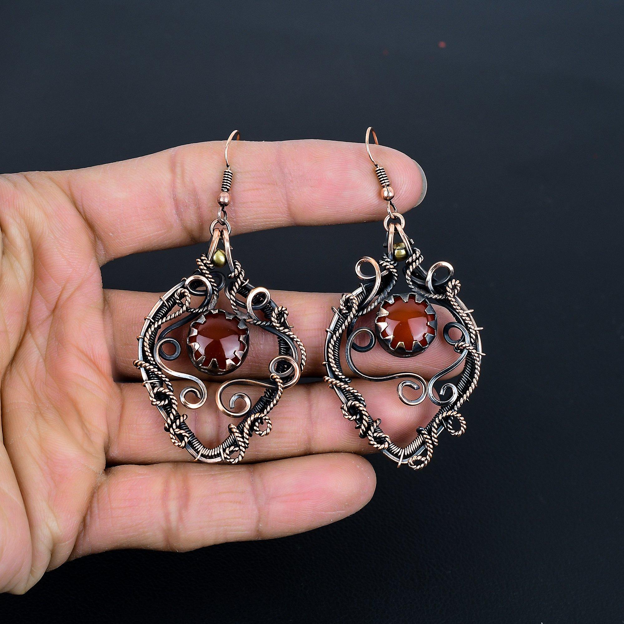 

Серьги из сердолика, обернутые медной проволокой 999 пробы, серьги с драгоценными камнями ручной работы ко Дню памяти 2.28 Inches