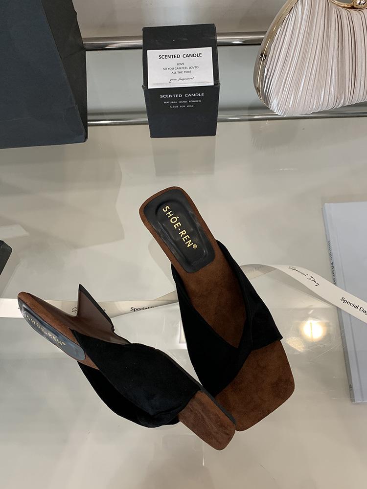 

Замшевые женские мюли с квадратным носком для отдыха, сандалии во французском стиле, новые летние тапочки, мягкая матовая обувь с открытым носком, Zapatos De Mujer 39 чёрный